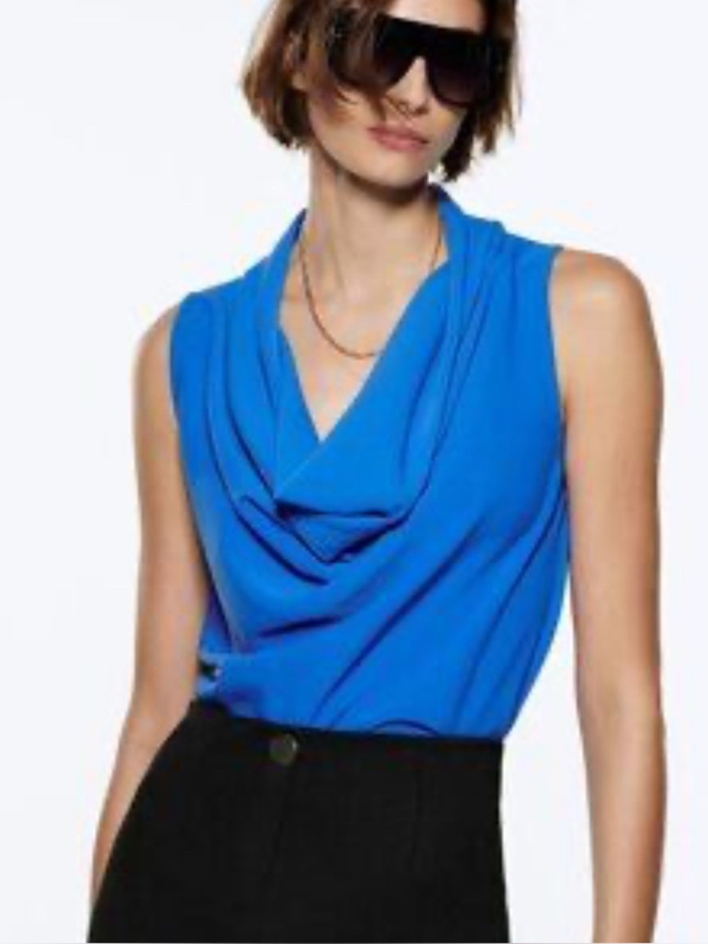 ZARA Blue Draped Cowl Neck Sleeveless Blouse Size M